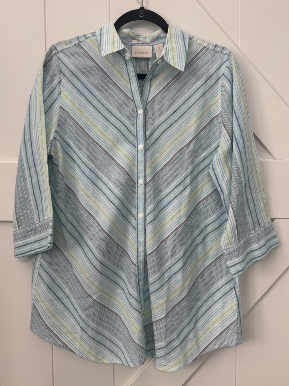 Chicos No Iron 100% Linen Tunic 1 Blue Chevron Button Front 3/4 Sleeve Top